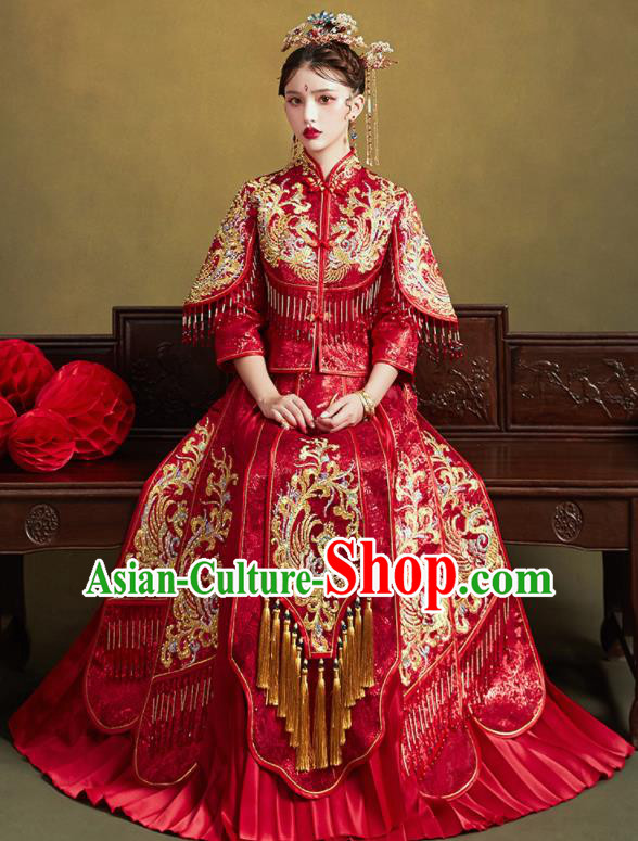 Chinese Traditional Wedding Bottom Drawer Embroidered Phoenix Blouse and Dress Xiu He Suit Ancient Bride Costumes for Women
