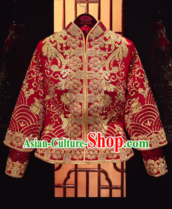 Chinese Traditional Drilling Red Xiu He Suit Wedding Embroidered Blouse and Dress Bottom Drawer Ancient Bride Costumes for Women
