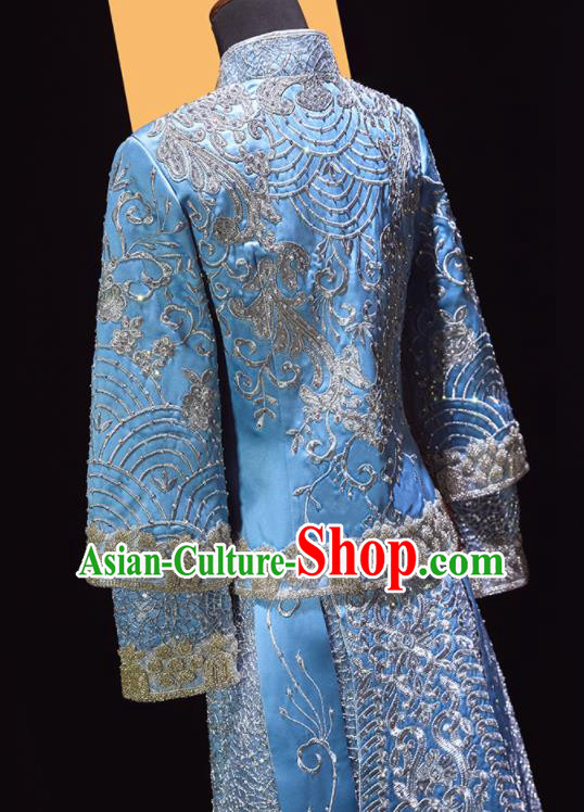 Chinese Traditional Drilling Blue Xiu He Suit Wedding Embroidered Blouse and Dress Bottom Drawer Ancient Bride Costumes for Women