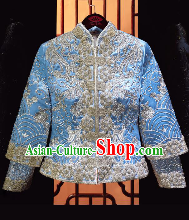Chinese Traditional Drilling Blue Xiu He Suit Wedding Embroidered Blouse and Dress Bottom Drawer Ancient Bride Costumes for Women