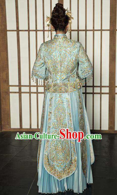 Chinese Traditional Blue Xiu He Suit Wedding Embroidered Blouse and Dress Bottom Drawer Ancient Bride Costumes for Women
