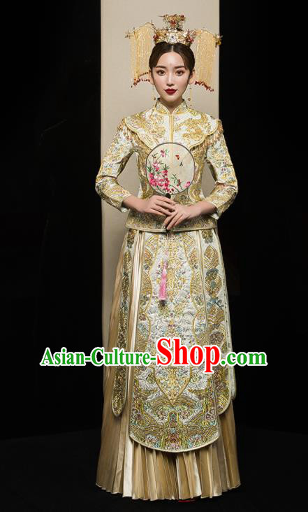 Chinese Traditional Xiu He Suit Wedding Embroidered Golden Blouse and Dress Bottom Drawer Ancient Bride Costumes for Women