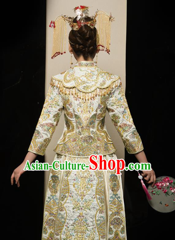 Chinese Traditional Xiu He Suit Wedding Embroidered Golden Blouse and Dress Bottom Drawer Ancient Bride Costumes for Women