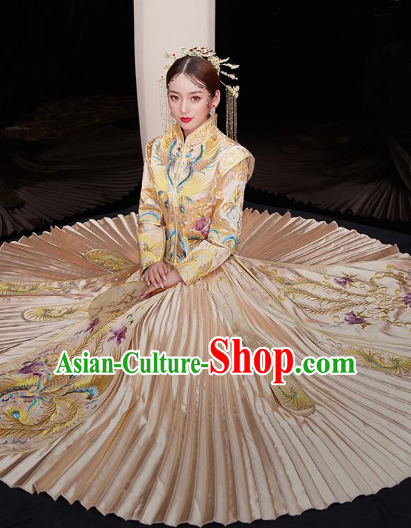 Chinese Traditional Xiu He Suit Wedding Embroidered Phoenix Champagne Blouse and Dress Bottom Drawer Ancient Bride Costumes for Women