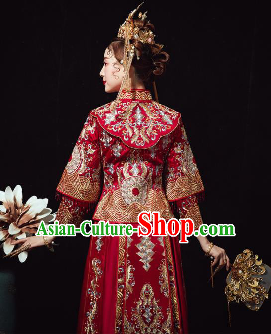 Chinese Traditional Drilling Xiu He Suit Wedding Embroidered Red Blouse and Dress Bottom Drawer Ancient Bride Costumes for Women