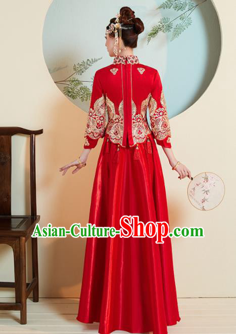 Chinese Traditional Xiu He Suit Wedding Red Blouse and Dress Bottom Drawer Ancient Bride Costumes for Women