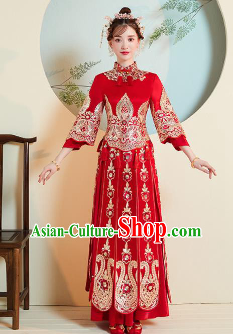 Chinese Traditional Embroidered Xiu He Suit Wedding Red Blouse and Dress Bottom Drawer Ancient Bride Costumes for Women