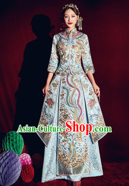 Chinese Traditional Bride Embroidered Phoenix Xiu He Suit Wedding Blue Blouse and Dress Bottom Drawer Ancient Costumes for Women