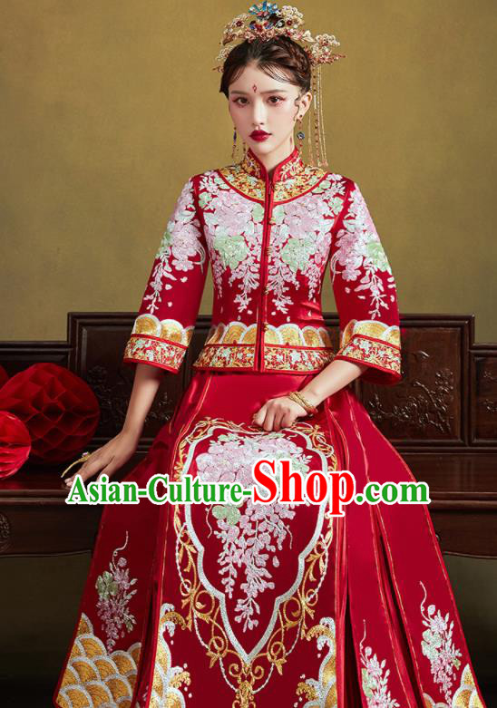 Chinese Traditional Wedding Bottom Drawer Embroidered Wisteria Blouse and Dress Xiu He Suit Ancient Bride Costumes for Women