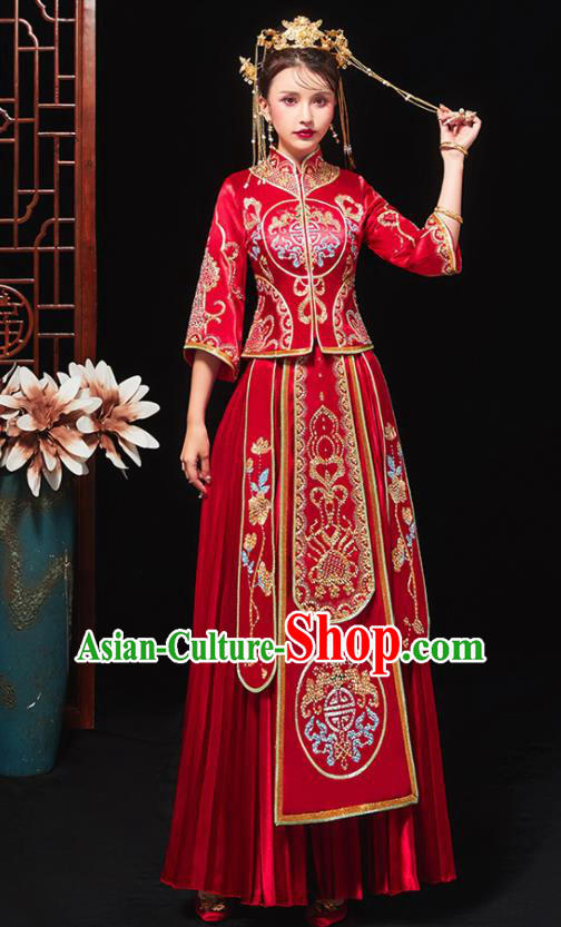 Chinese Traditional Bride Embroidered Drilling Red Xiu He Suit Wedding Blouse and Dress Bottom Drawer Ancient Costumes for Women