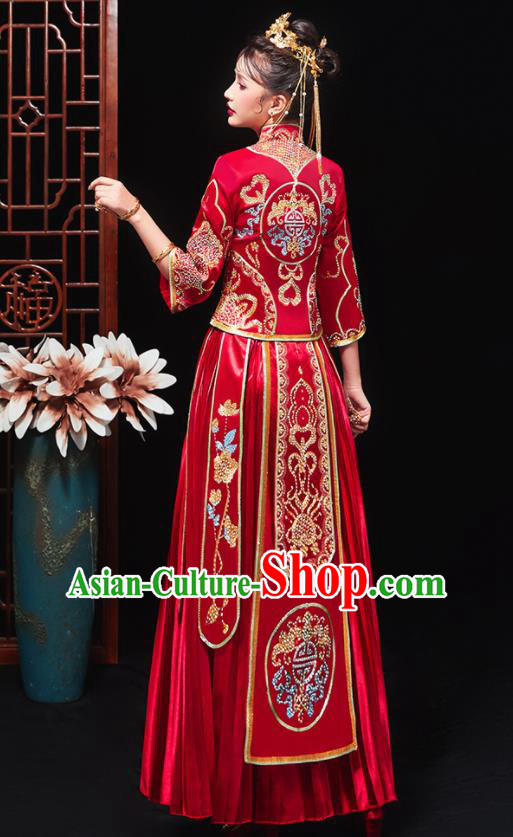 Chinese Traditional Bride Embroidered Drilling Red Xiu He Suit Wedding Blouse and Dress Bottom Drawer Ancient Costumes for Women
