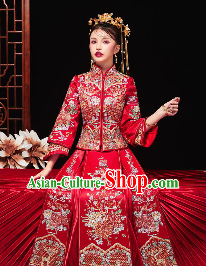Chinese Traditional Bride Embroidered Drilling Peony Red Xiu He Suit Wedding Blouse and Dress Bottom Drawer Ancient Costumes for Women