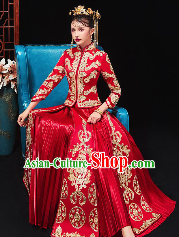 Chinese Traditional Bride Drilling Red Xiu He Suit Wedding Blouse and Dress Bottom Drawer Ancient Costumes for Women