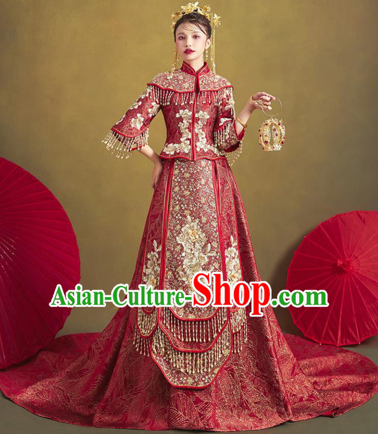 Chinese Traditional Bride Embroidered Wine Red Trailing Xiu He Suit Wedding Blouse and Dress Bottom Drawer Ancient Costumes for Women