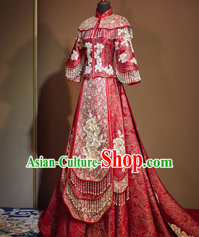 Chinese Traditional Bride Embroidered Red Trailing Xiu He Suit Wedding Blouse and Dress Bottom Drawer Ancient Costumes for Women