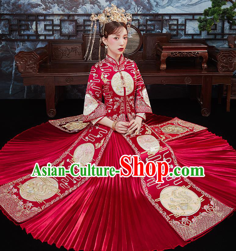 Chinese Traditional Bride Embroidered Drilling Phoenix Red Xiu He Suit Wedding Blouse and Dress Bottom Drawer Ancient Costumes for Women