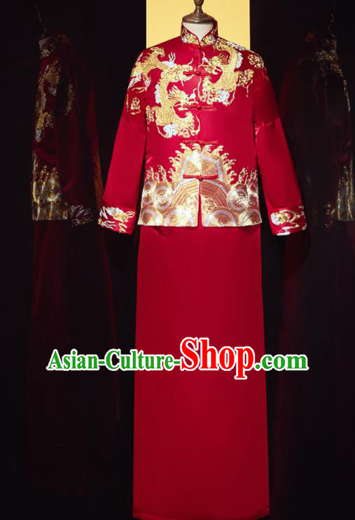 Chinese Ancient Bridegroom Embroidered Phoenix Dragon Red Mandarin Jacket and Gown Traditional Wedding Tang Suit Costumes for Men