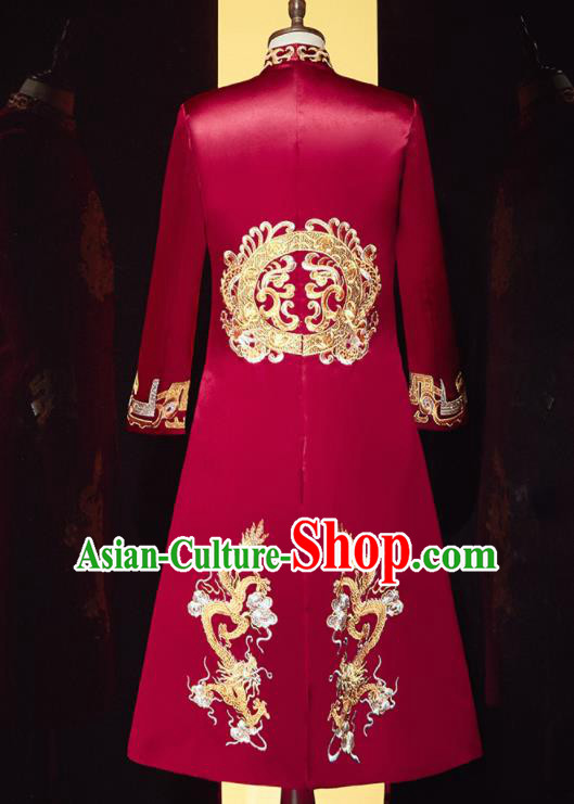 Chinese Ancient Bridegroom Embroidered Double Dragon Red Mandarin Jacket Traditional Wedding Tang Suit Costumes for Men