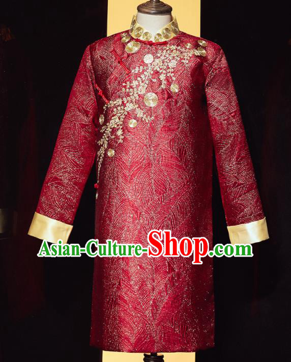 Chinese Ancient Bridegroom Embroidered Red Mandarin Jacket Traditional Wedding Tang Suit Costumes for Men