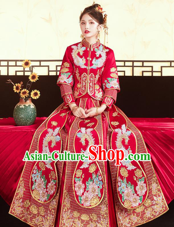 Chinese Traditional Bride Embroidered Drilling Phoenix Peony Red Xiu He Suit Wedding Blouse and Dress Bottom Drawer Ancient Costumes for Women