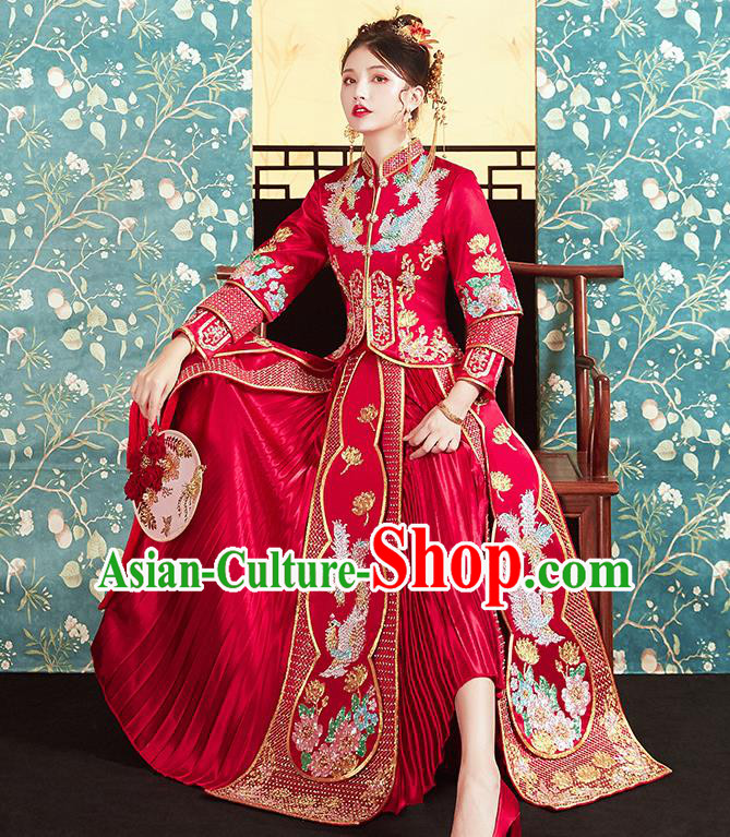 Chinese Traditional Bride Embroidered Drilling Phoenix Peony Red Xiu He Suit Wedding Blouse and Dress Bottom Drawer Ancient Costumes for Women