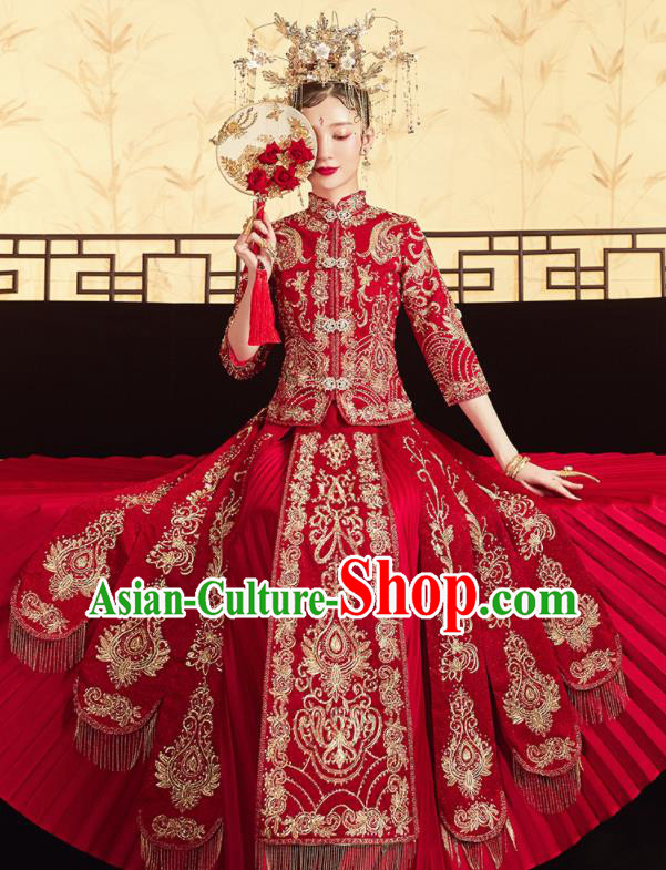 Chinese Traditional Wedding Bottom Drawer Embroidered Red Blouse and Dress Xiu He Suit Ancient Bride Costumes for Women