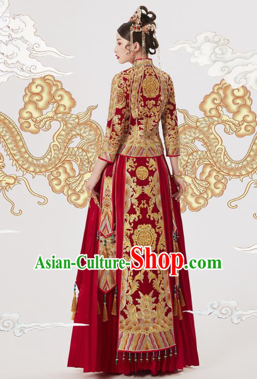 Chinese Traditional Wedding Embroidered Blouse and Dress Red Bottom Drawer Xiu He Suit Ancient Bride Costumes for Women