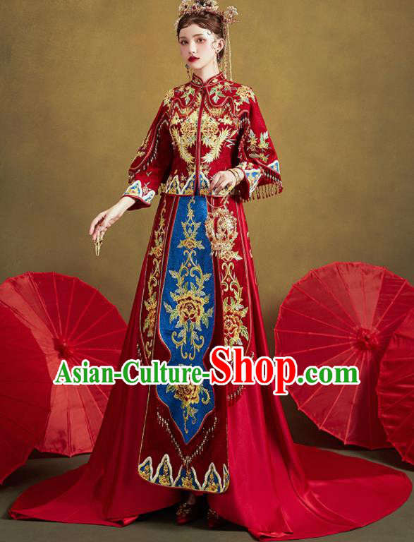 Chinese Traditional Wedding Embroidered Peony Blouse and Trailing Dress Red Bottom Drawer Xiu He Suit Ancient Bride Costumes for Women