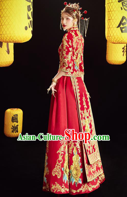 Chinese Traditional Wedding Embroidered Golden Peony Blouse and Dress Red Bottom Drawer Xiu He Suit Ancient Bride Costumes for Women