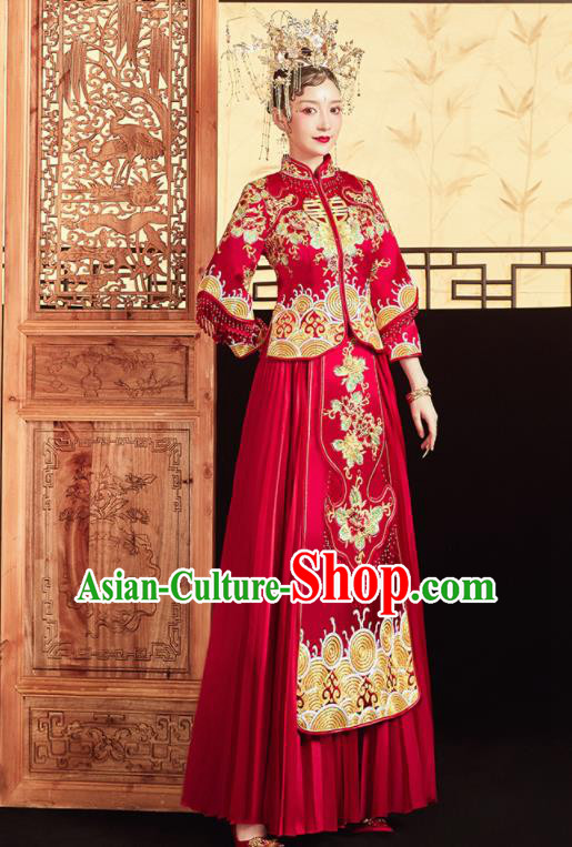 Chinese Traditional Wedding Embroidered Golden Flowers Blouse and Dress Red Bottom Drawer Xiu He Suit Ancient Bride Costumes for Women