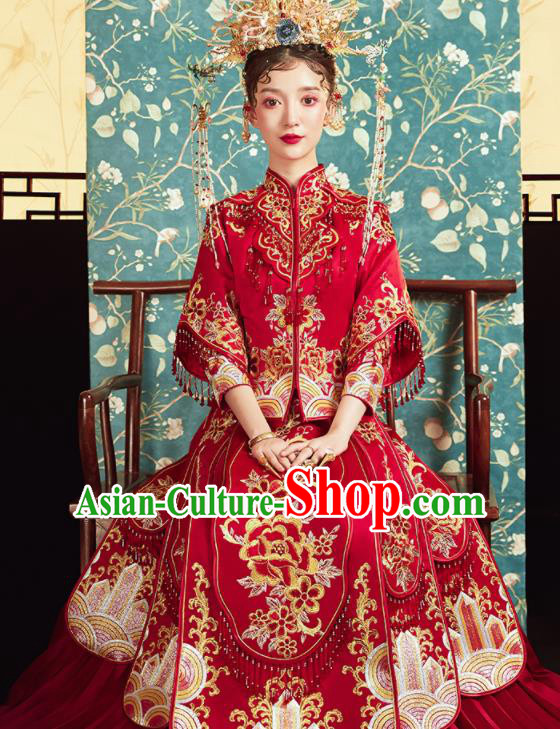 Chinese Traditional Wedding Bottom Drawer Embroidered Peony Red Blouse and Dress Xiu He Suit Ancient Bride Costumes for Women