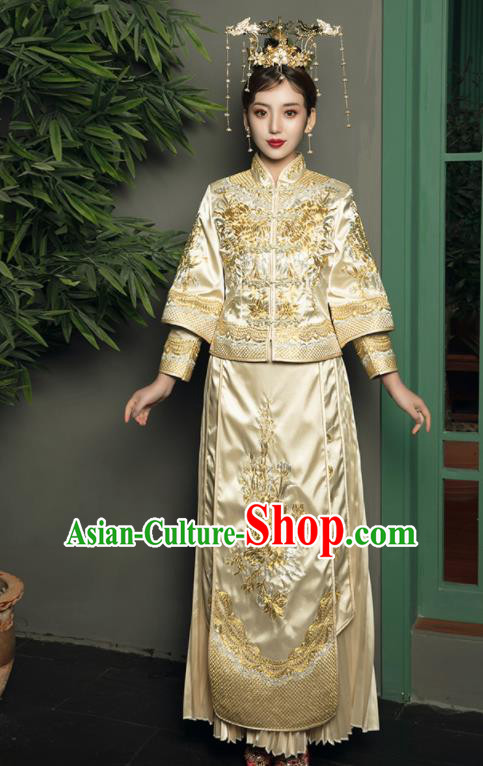 Chinese Traditional Wedding Golden Bottom Drawer Embroidered Blouse and Dress Xiu He Suit Ancient Bride Costumes for Women