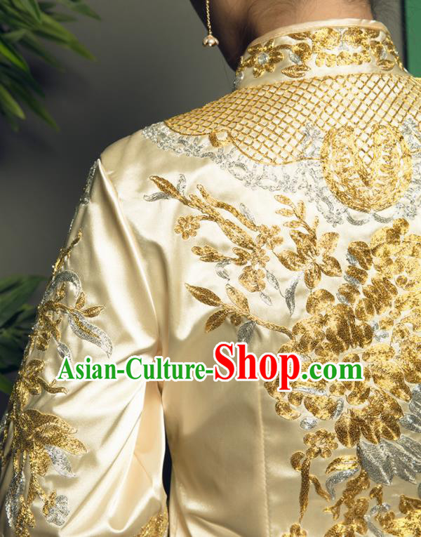Chinese Traditional Wedding Golden Bottom Drawer Embroidered Blouse and Dress Xiu He Suit Ancient Bride Costumes for Women