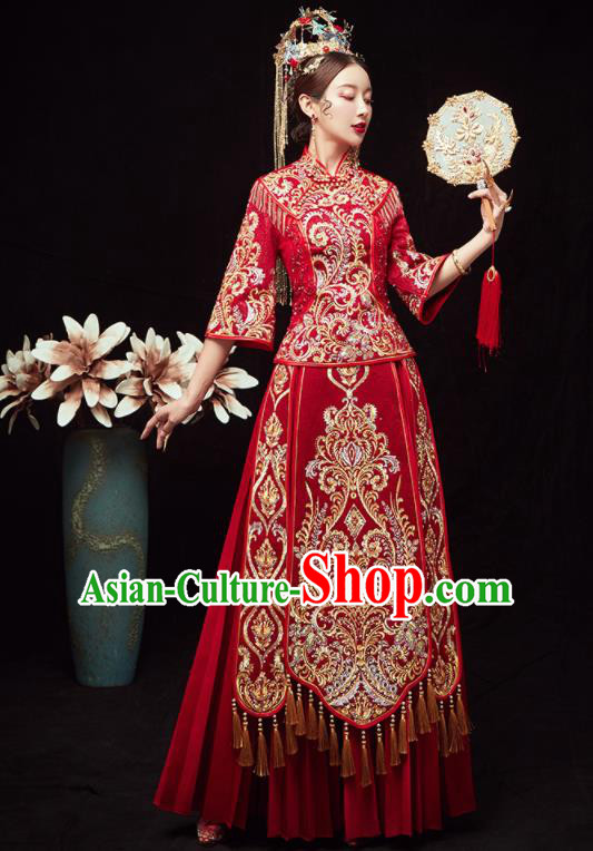 Chinese Traditional Wedding Red Bottom Drawer Embroidered Beads Blouse and Dress Xiu He Suit Ancient Bride Costumes for Women
