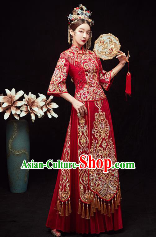 Chinese Traditional Wedding Red Bottom Drawer Embroidered Beads Blouse and Dress Xiu He Suit Ancient Bride Costumes for Women
