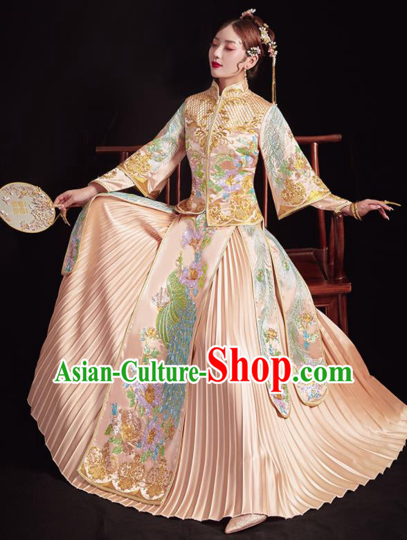 Chinese Traditional Wedding Champagne Bottom Drawer Embroidered Peacock Blouse and Dress Xiu He Suit Ancient Bride Costumes for Women