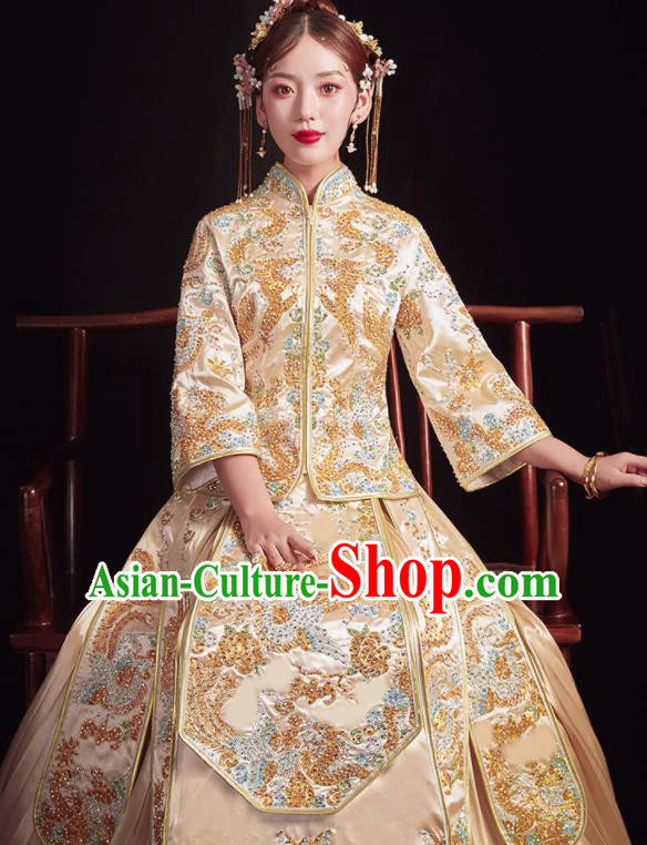 Chinese Traditional Wedding Golden Bottom Drawer Embroidered Phoenix Peony Blouse and Dress Xiu He Suit Ancient Bride Costumes for Women