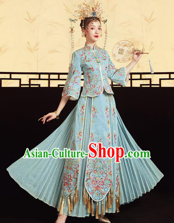Chinese Traditional Wedding Bottom Drawer Embroidered Blue Blouse and Dress Xiu He Suit Ancient Bride Costumes for Women