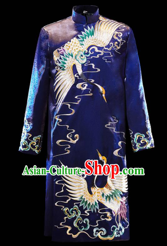 Chinese Ancient Bridegroom Embroidered Crane Royalblue Mandarin Jacket and Gown Traditional Wedding Tang Suit Costumes for Men