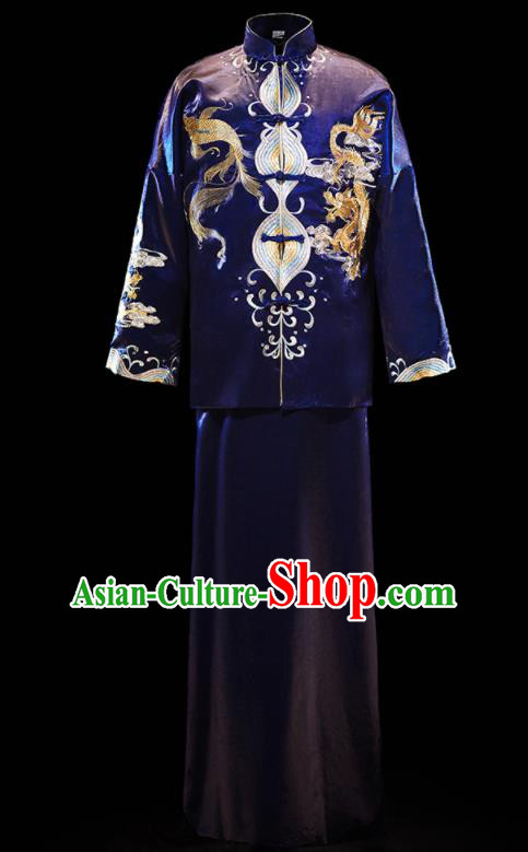 Chinese Ancient Bridegroom Embroidered Dragon Royalblue Mandarin Jacket and Gown Traditional Wedding Tang Suit Costumes for Men