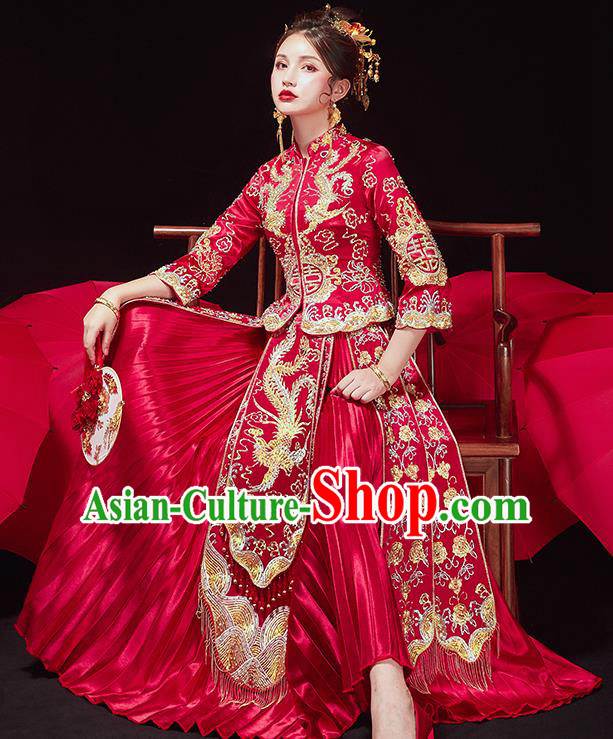 Chinese Traditional Ancient Bride Costumes Embroidered Golden Phoenix Xiu He Suit Wedding Blouse and Dress Bottom Drawer for Women