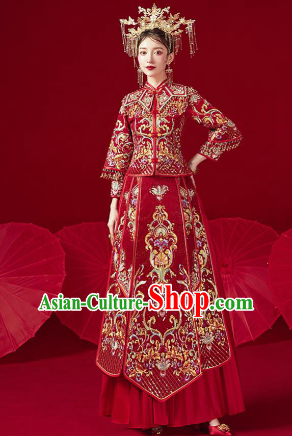 Chinese Traditional Ancient Bride Costumes Embroidered Drilling Wine Red Xiu He Suit Wedding Blouse and Dress Bottom Drawer for Women