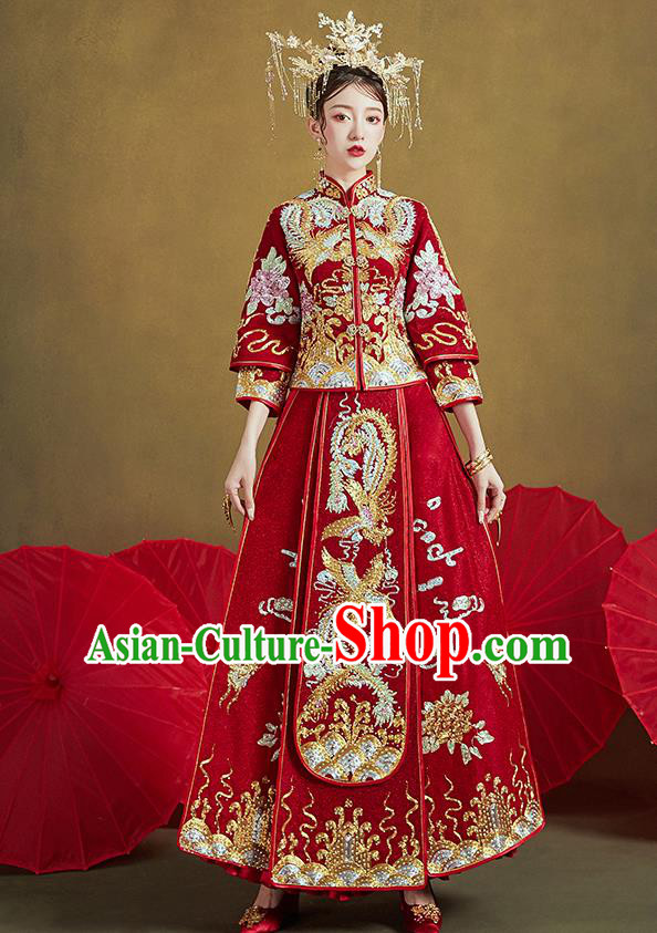 Chinese Traditional Ancient Bride Costumes Embroidered Drilling Phoenix Red Xiu He Suit Wedding Blouse and Dress Bottom Drawer for Women