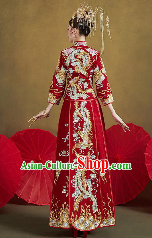 Chinese Traditional Ancient Bride Costumes Embroidered Drilling Phoenix Red Xiu He Suit Wedding Blouse and Dress Bottom Drawer for Women