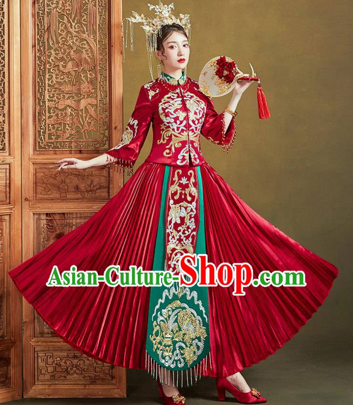 Chinese Traditional Ancient Bride Drilling Costumes Embroidered Red Xiu He Suit Wedding Blouse and Dress Bottom Drawer for Women
