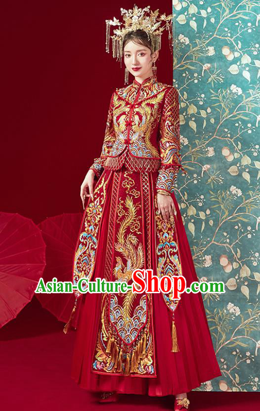 Chinese Traditional Ancient Bride Embroidered Phoenix Drilling Costumes Red Xiu He Suit Wedding Blouse and Dress Bottom Drawer for Women
