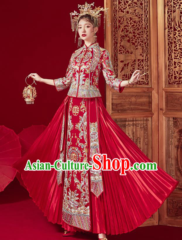 Chinese Traditional Ancient Bride Embroidered Drilling Costumes Red Xiu He Suit Wedding Blouse and Dress Bottom Drawer for Women