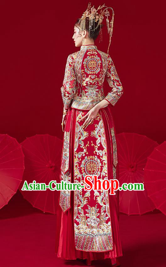 Chinese Traditional Ancient Bride Embroidered Drilling Costumes Red Xiu He Suit Wedding Blouse and Dress Bottom Drawer for Women