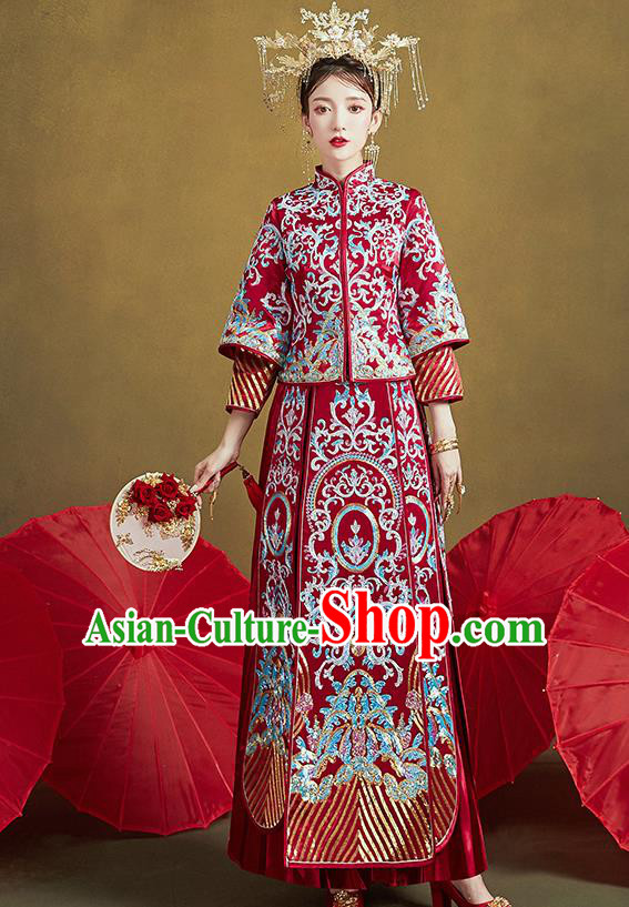 Chinese Traditional Ancient Bride Drilling Embroidered Costumes Red Xiu He Suit Wedding Blouse and Dress Bottom Drawer for Women