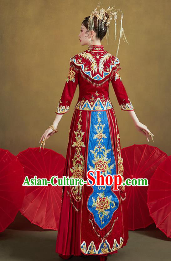 Chinese Traditional Ancient Bride Drilling Embroidered Peony Costumes Red Xiu He Suit Wedding Blouse and Dress Bottom Drawer for Women